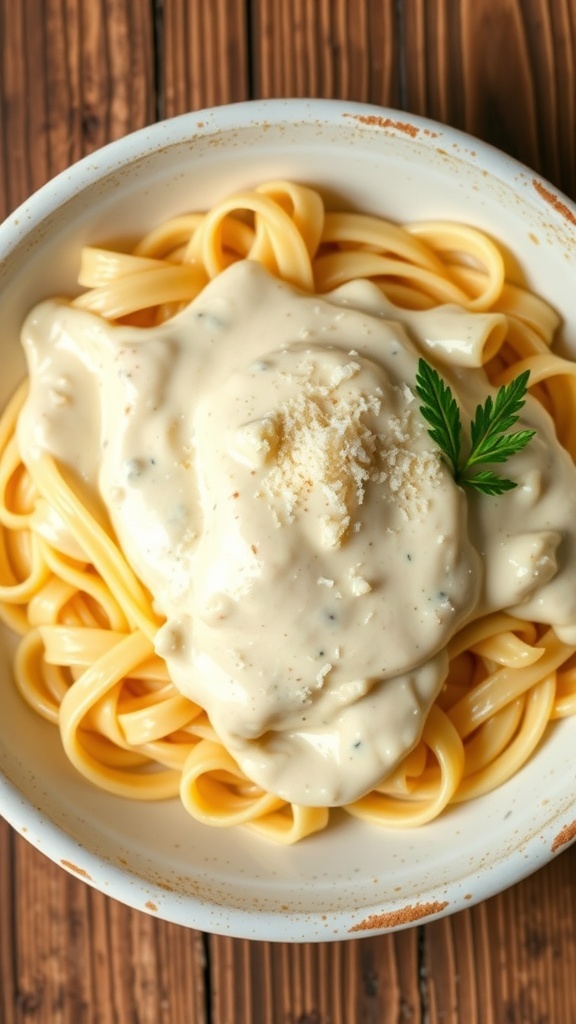 Creamy cauliflower Alfredo sauce over fettuccine pasta, garnished with Parmesan and parsley.